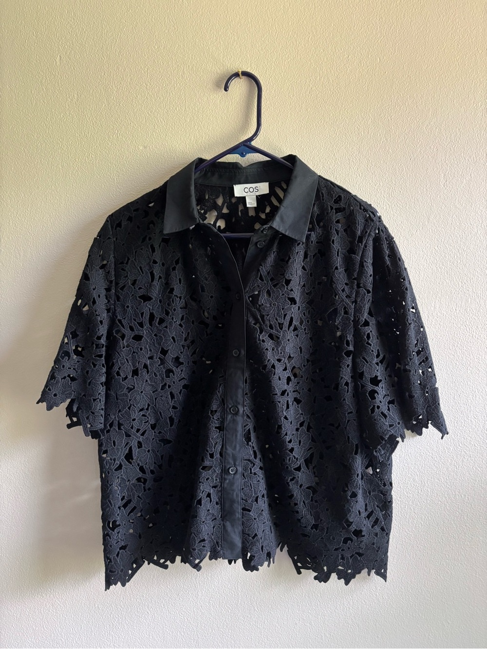COS Black Floral Cutout Lace Short-Sleeve Shirt